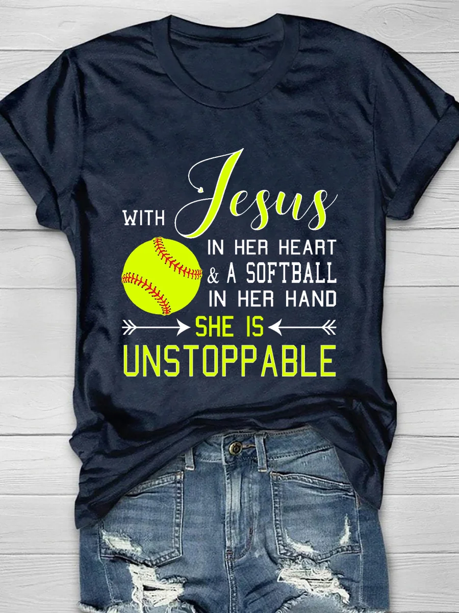 With Jesus In Her Heart And A Softball In Her Hand She Is Unstoppable Short Sleeve T-Shirt