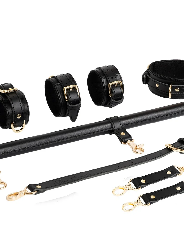 pornhint Pornhint 5-Point Leather Spreader Bar Set ? Full Body Bondage Kit with Cuffs & Collar ? Adjustable Restraint Bar for Couples leather body harnesses for women