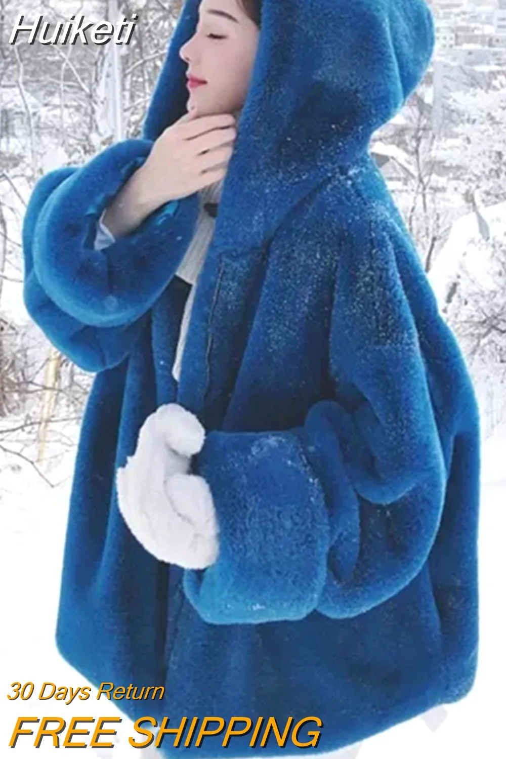 Huiketi Winter Oversized Warm Blue Soft Faux Fur Coat Women with Hood Long Sleeve Zipper Fluffy Jacket Loose Korean Fashion 2023