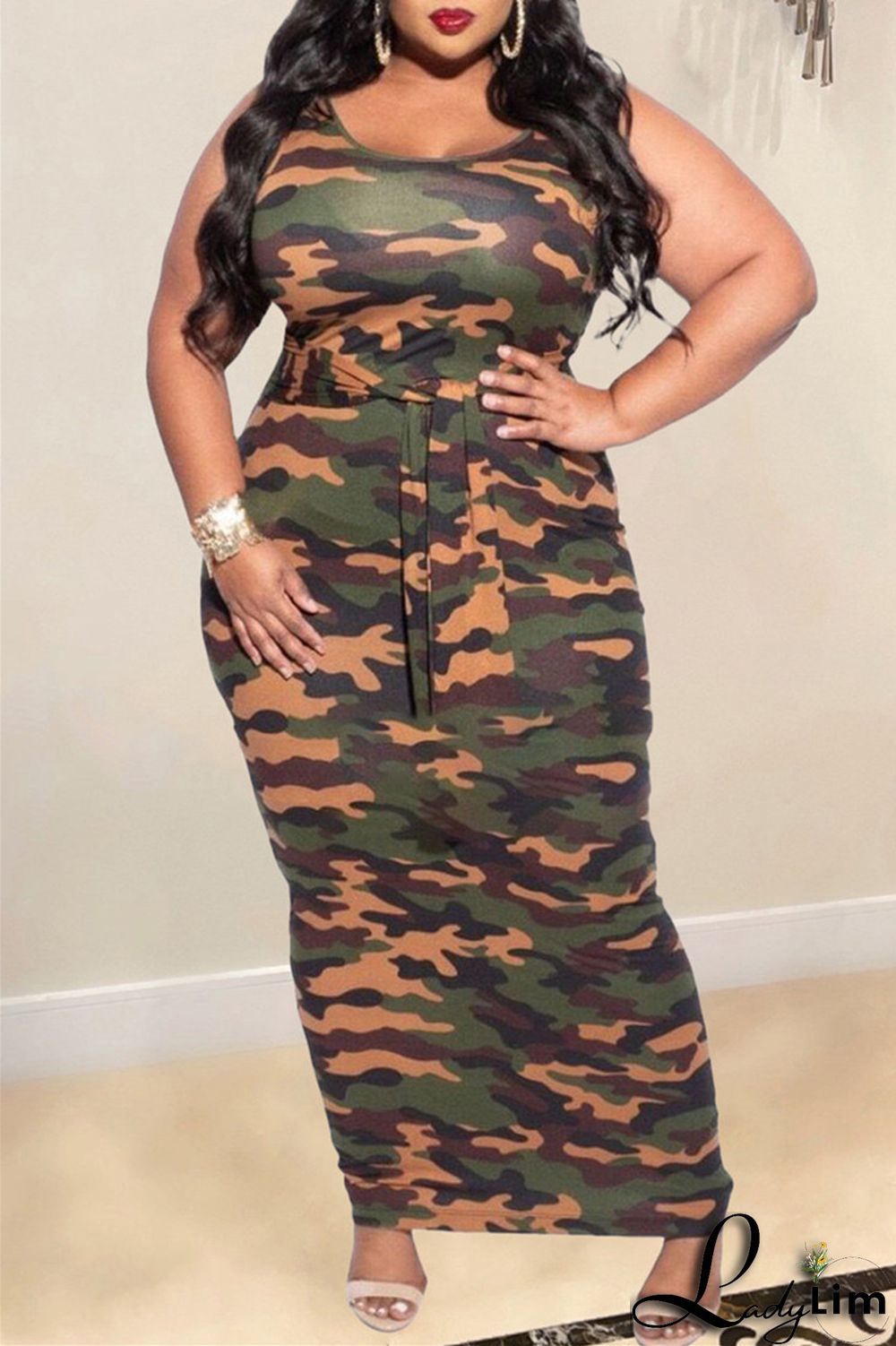 Multicolor Fashion Casual Plus Size Print Patchwork U Neck Vest Dress
