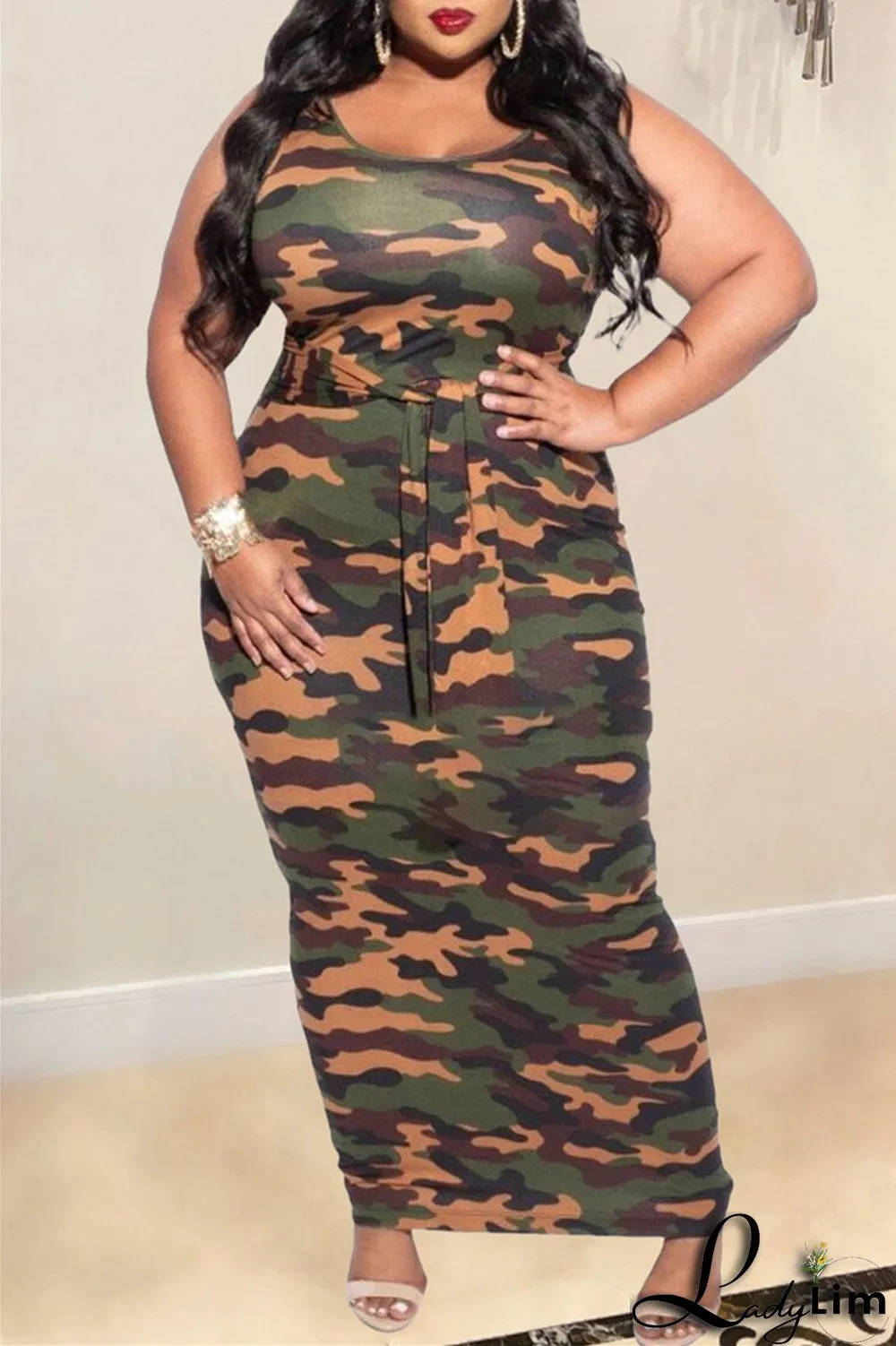 Multicolor Fashion Casual Plus Size Print Patchwork U Neck Vest Dress
