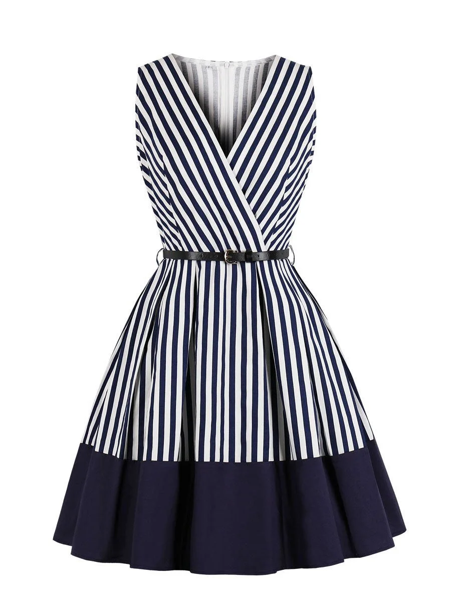 1940s Dress Deep V Striped Retro Swing Dress