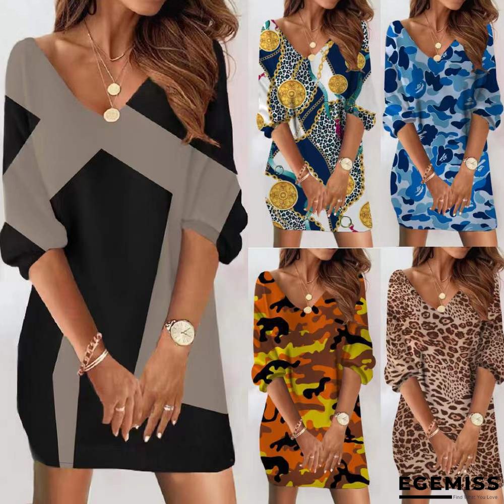 Casual Loose V-neck Printed Medium Sleeve Women's Dress | EGEMISS