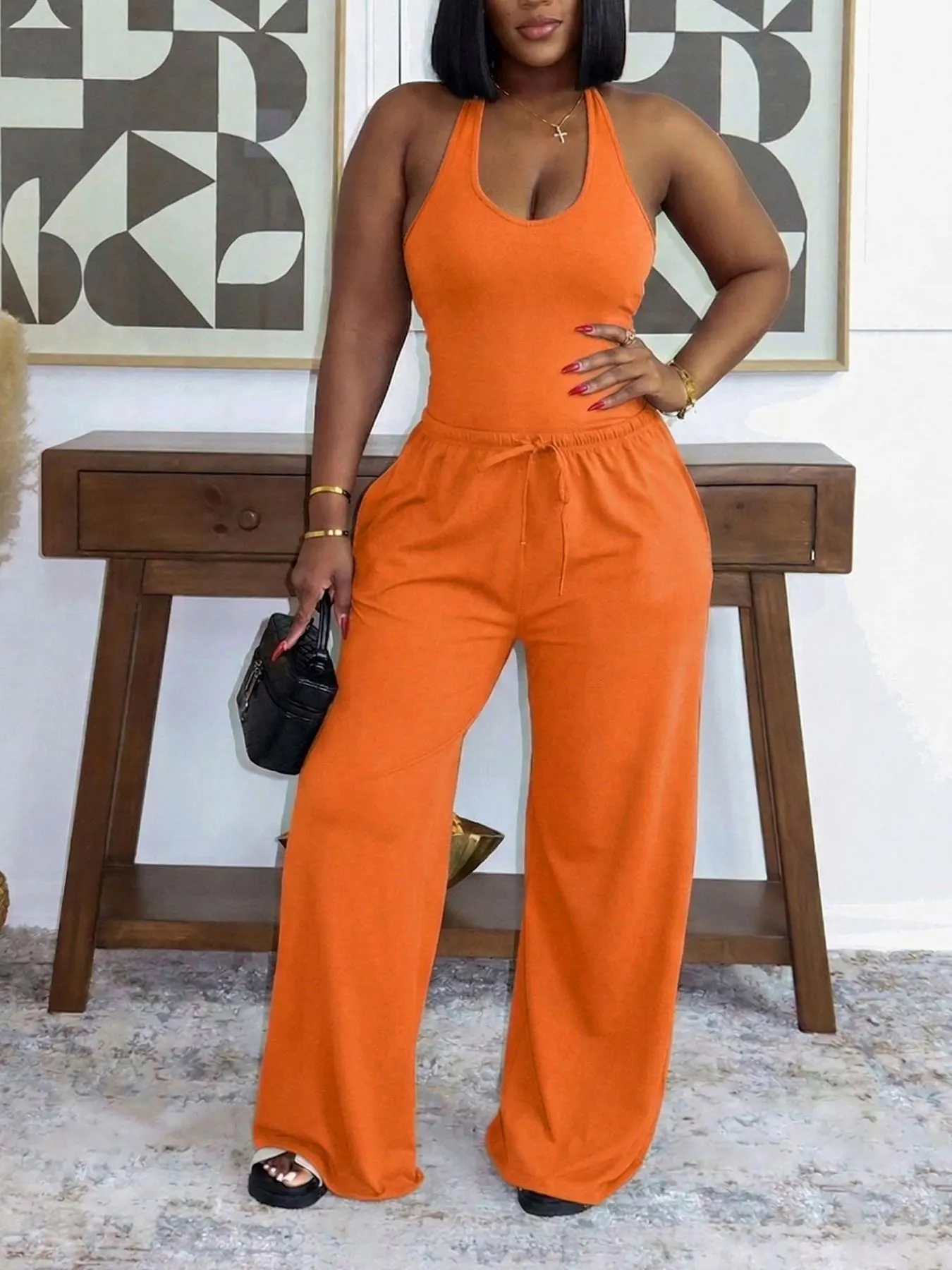 Summer New Women's Halter Neck Slimming Top & Wide-Leg Pants, Casual Backless Waist Cinch Crop Top & Drawstring Waist Pants, Womenswear