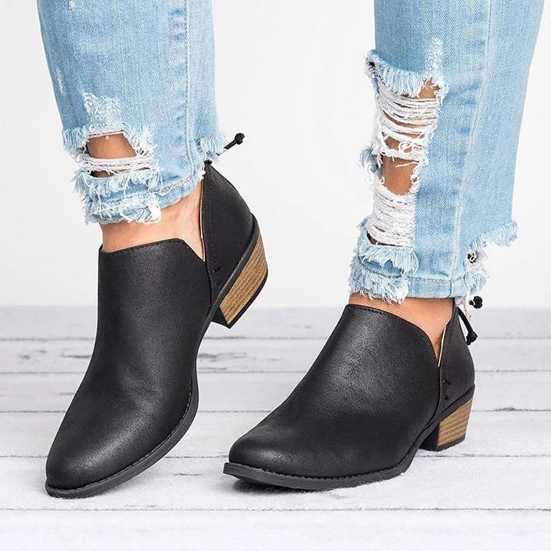 Women Cut Out Ankle Slip-On Booties Low Heel Cute Short Boots