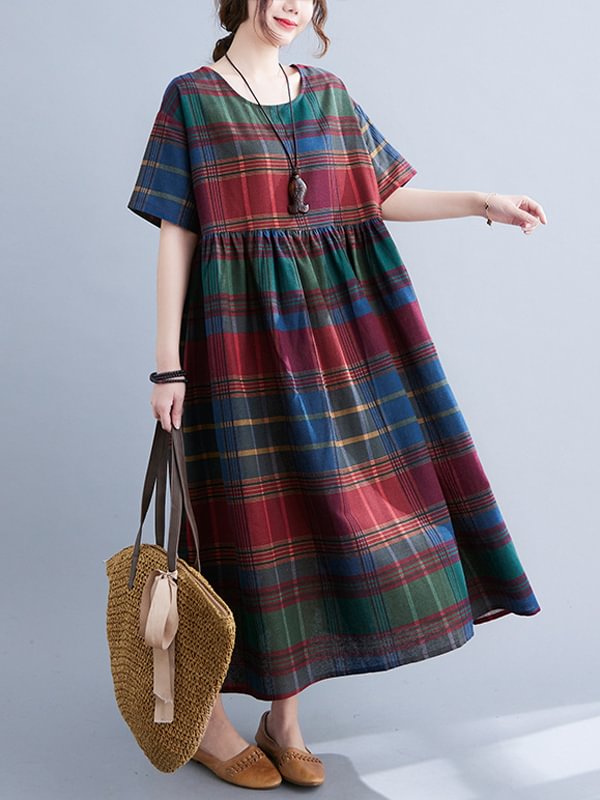 Vintage Plaid Round-Neck Loose Short Sleeves Midi Dress