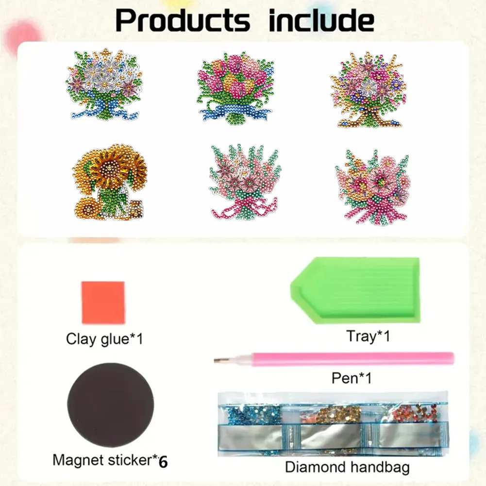 6Pcs Bouquet Diamond Painting Fridge Magnet DIY Diamond Fridge Stickers