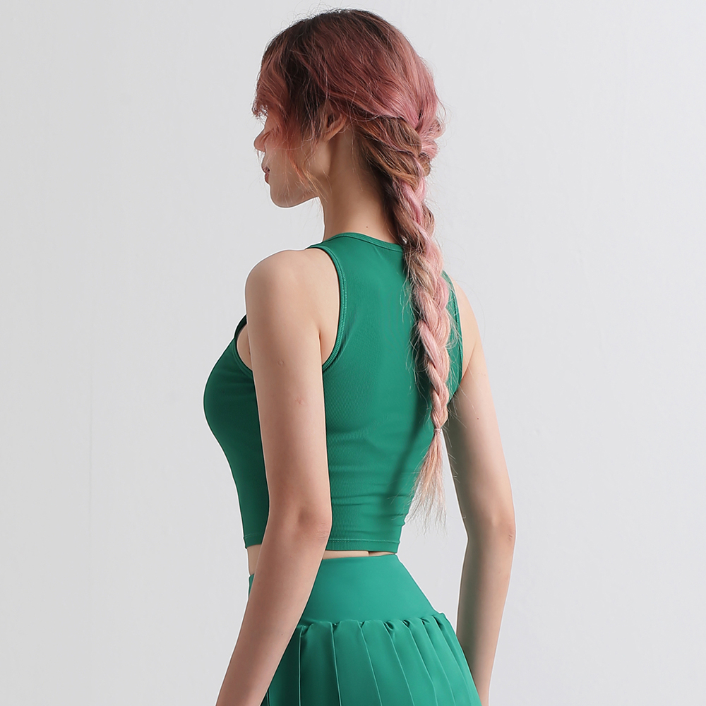 Buy Hergymclothing Green v cut ribbed breathable fitness gym crop tank top vest with removable cups at an affordable price