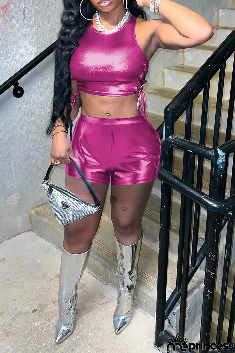 Blue Sexy Solid Bronzing Draw String O Neck Sleeveless Two Pieces