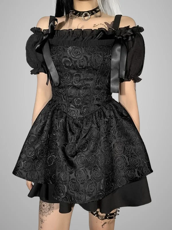 Gothic Solid Color Sets: Balloon Sleeve Tube Top+Lace Up Bowknot Jacquard Layered Spaghetti Dress