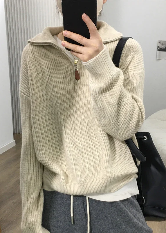 Women Apricot Zip Up Patchwork Cozy Knit Sweaters Long Sleeve