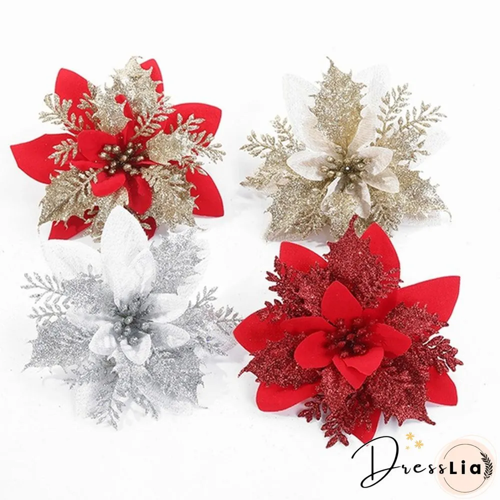 510Pcs Artificial Plastic Christmas Florals Glitter Fake Flowers Merry Tree Decorations