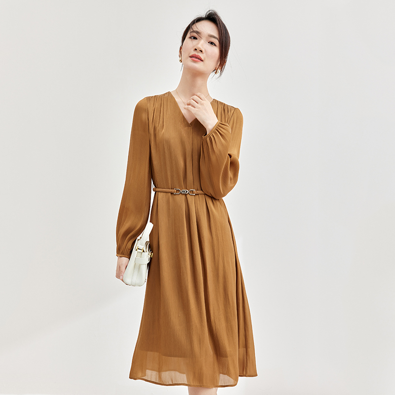 Giftitrends Elegant Long Sleeve A-Line Dress Women's Commute V-Neck Midi Slim Fit Pure Color Spring New Sle Casual Office Dress