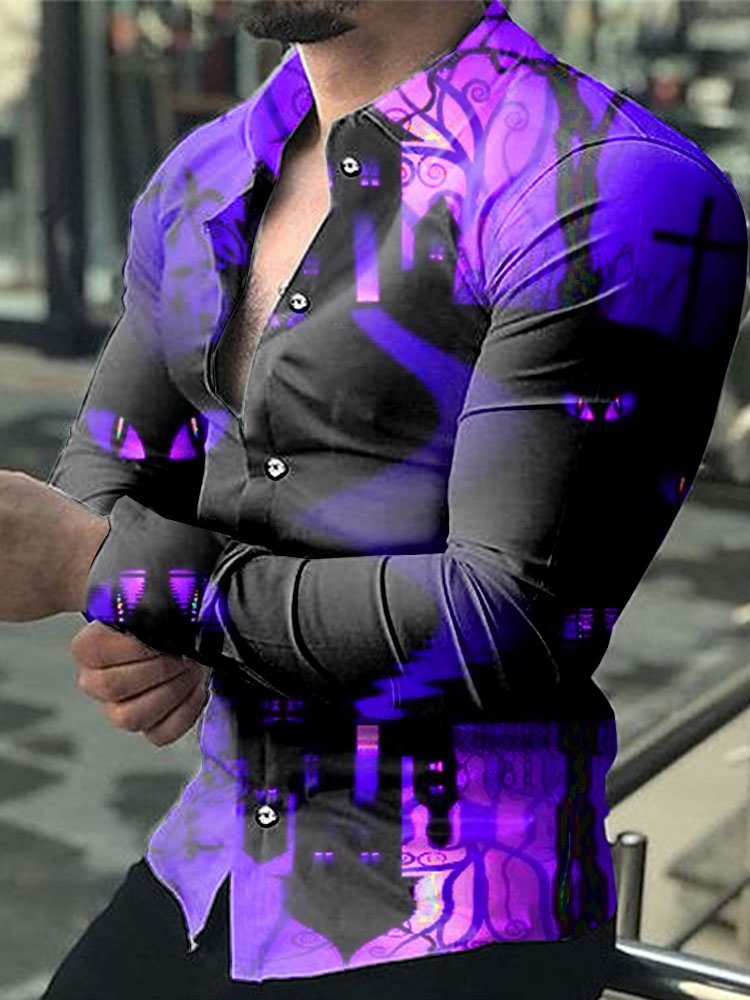 Casual Purple Pattern Printed Long Sleeve Men's Shirt