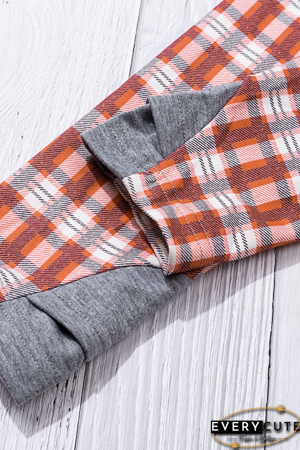 Red Cowl Neck Plaid Drawstring Hoodie with Thumb Hole