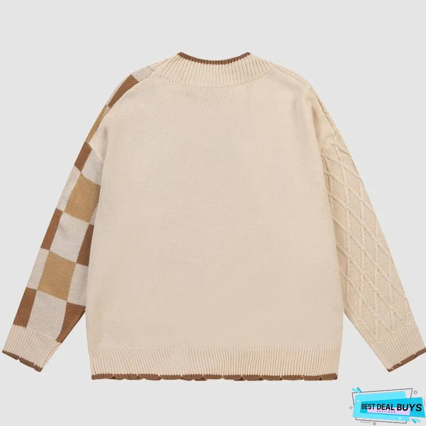 Check Pattern Patchwork Pockets Cardigan Sweater