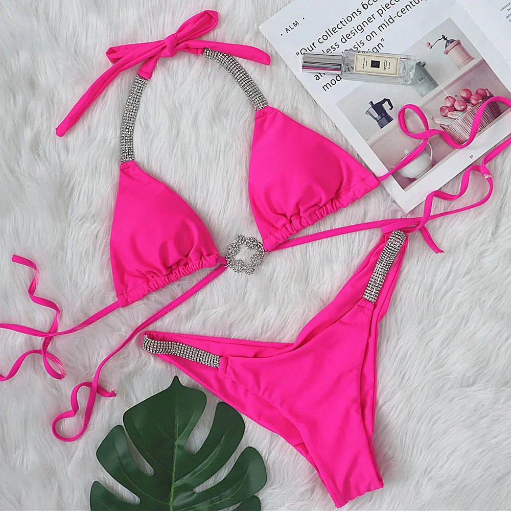 Brownm Brownm New Sexy Strap Swimsuit Luxury Rhinestone Bikini Tropical Flower Bathing Suit