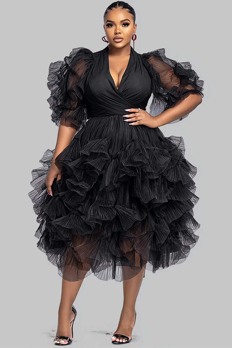 Xpluswear Design Plus Size Cocktail Party Black V Neck Puff Sleeve Short Sleeve Tiered Elegant Ruffle Tulle Midi Dresses [Pre-Order]