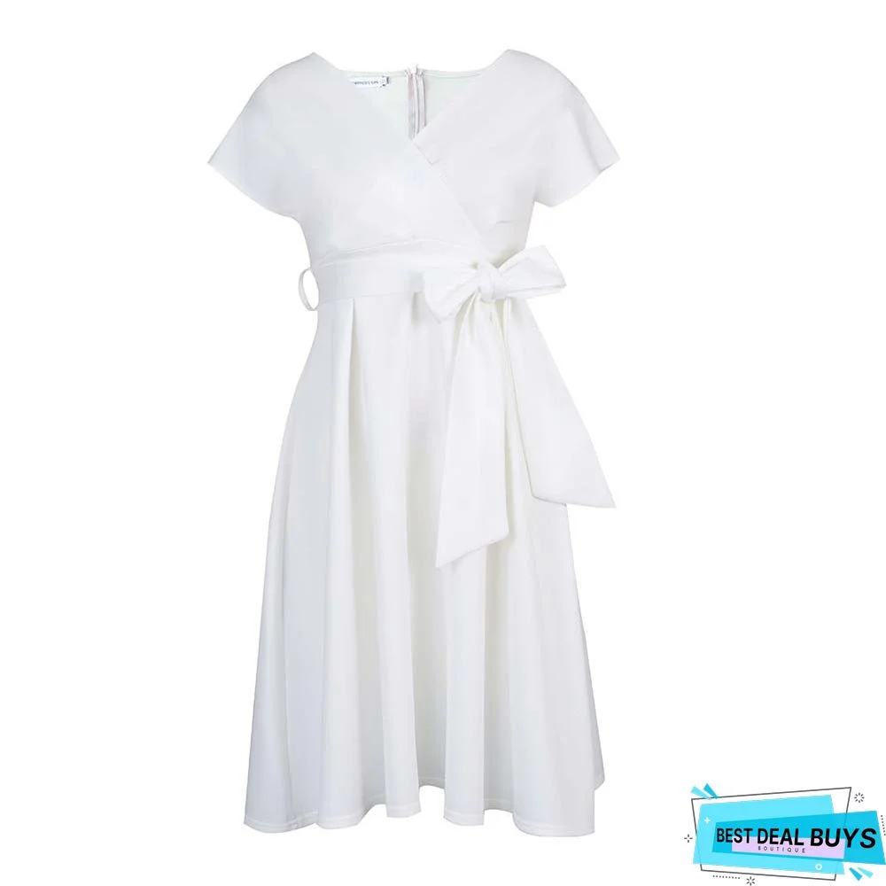 V-Neck Solid Color Waist Bow Tie Dress White Dresses