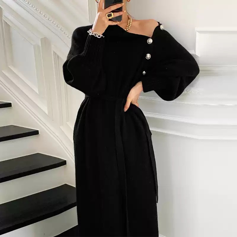  thdmladies Turtleneck knitted sweater skirt with waist dress thedmladies