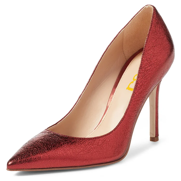 Red Textured Vegan Leather Pointed Toe Stiletto Heel Pumps for Women |FSJ Shoes