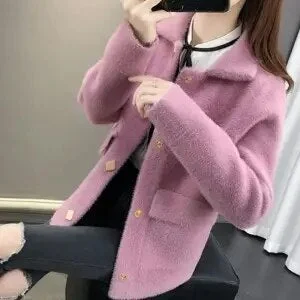 Plus size Cardigan Women Coat  2020 New Autumn Winter Korean  Elegant Women Slim Imitation Mink Velvet V-neck Knit Button Jacket