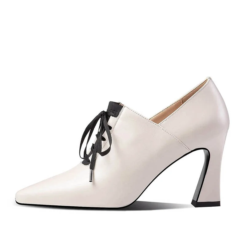 High Heels Hoof Pumps Women Lace Up Pumps Cow Leather Shoes Female Fashion Pointed Toe OL Shoes Women Autumn 2019 New