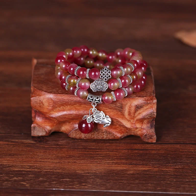 Watermelon Tourmaline PiXiu Elephant Positive Triple Wrap Mala Bracelet