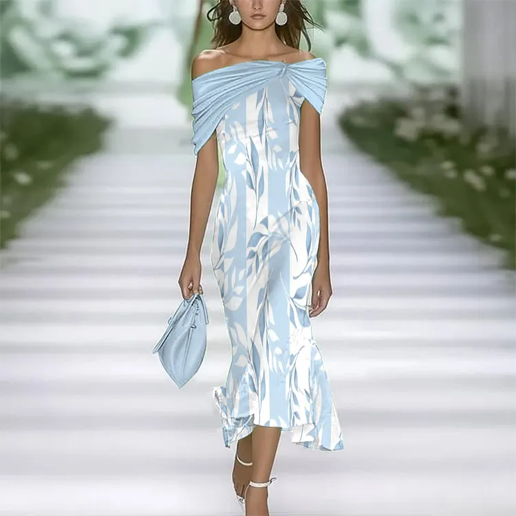 Elegant Spring and Summer Floral Print Off Shoulder Dres