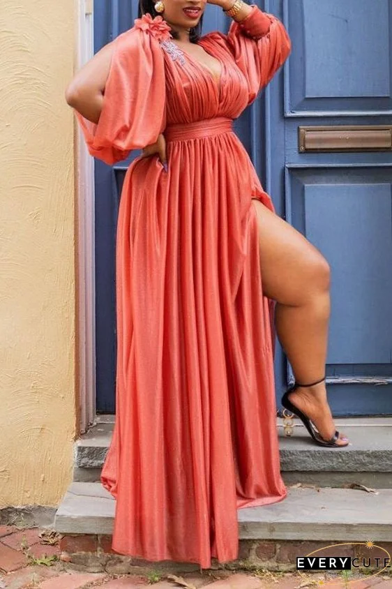 Plus Size Plain Dresses Long Sleeve Lantern Sleeve Maxi Dress