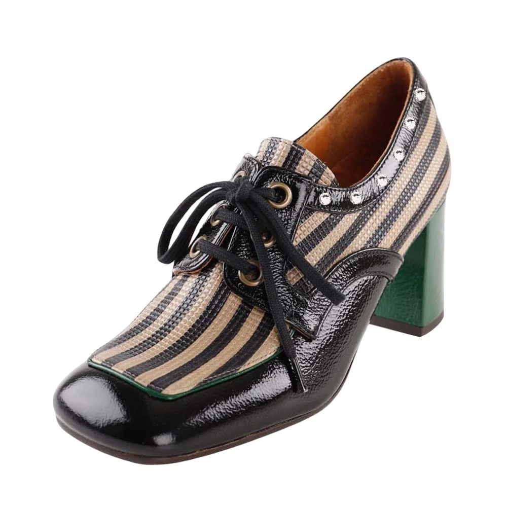 Multicolor Striped Patent Leather Loafers With Square Toe Lace Up Chunky Heels Nicepairs