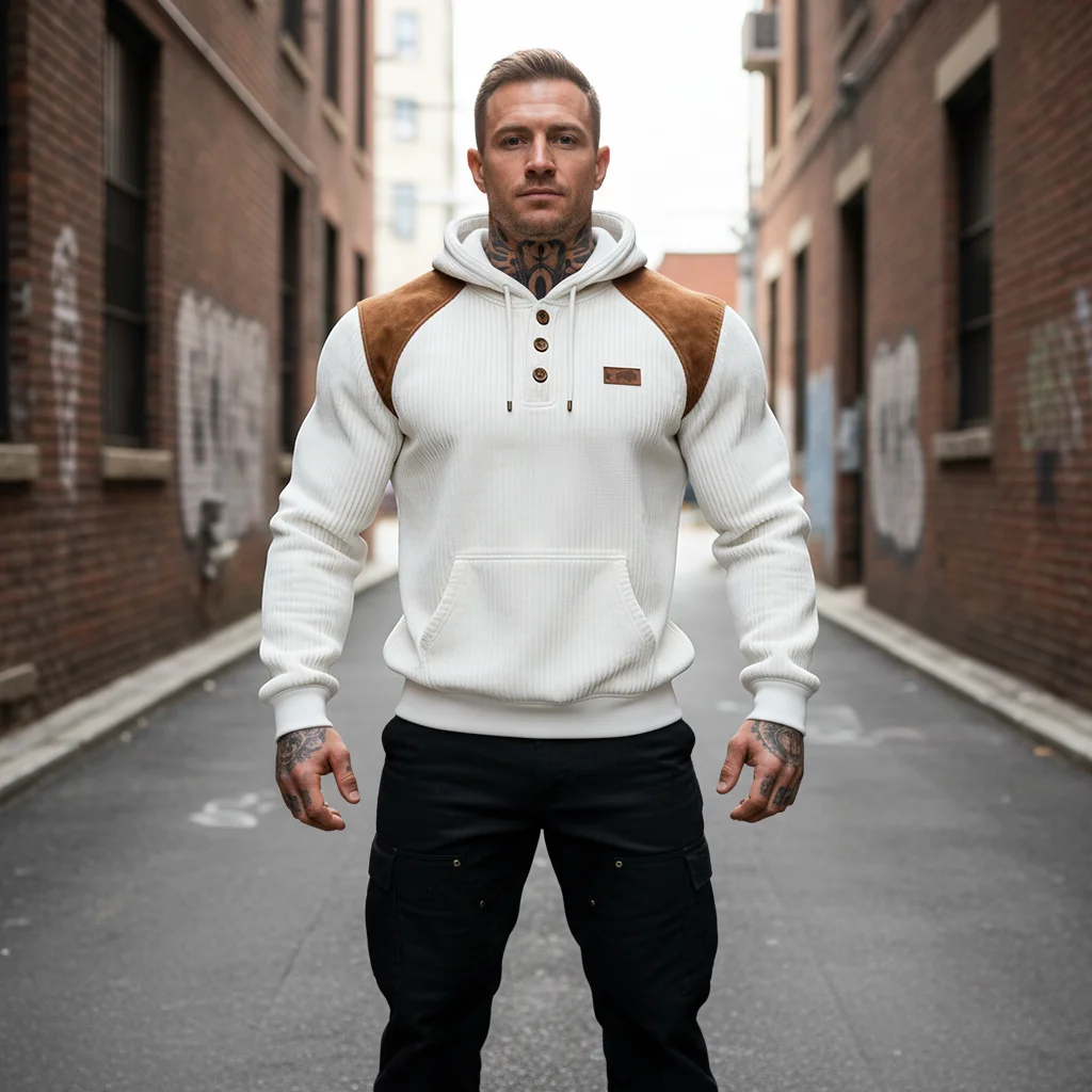 Men's Vintage White Corduroy Suede Button Hoodie