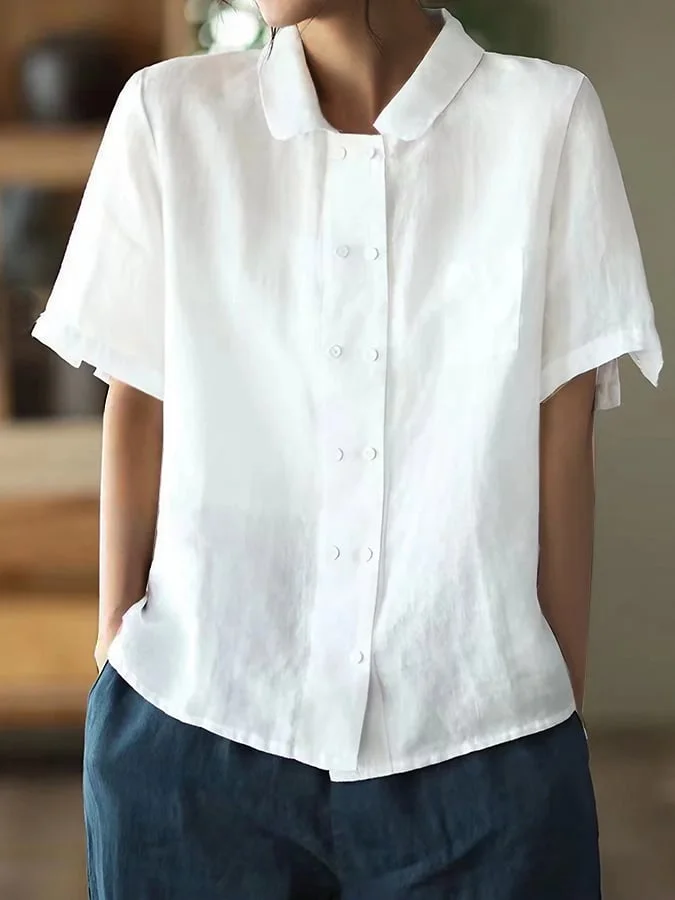 Solid Color Loose Doll Collar Casual Cotton Linen Shirt