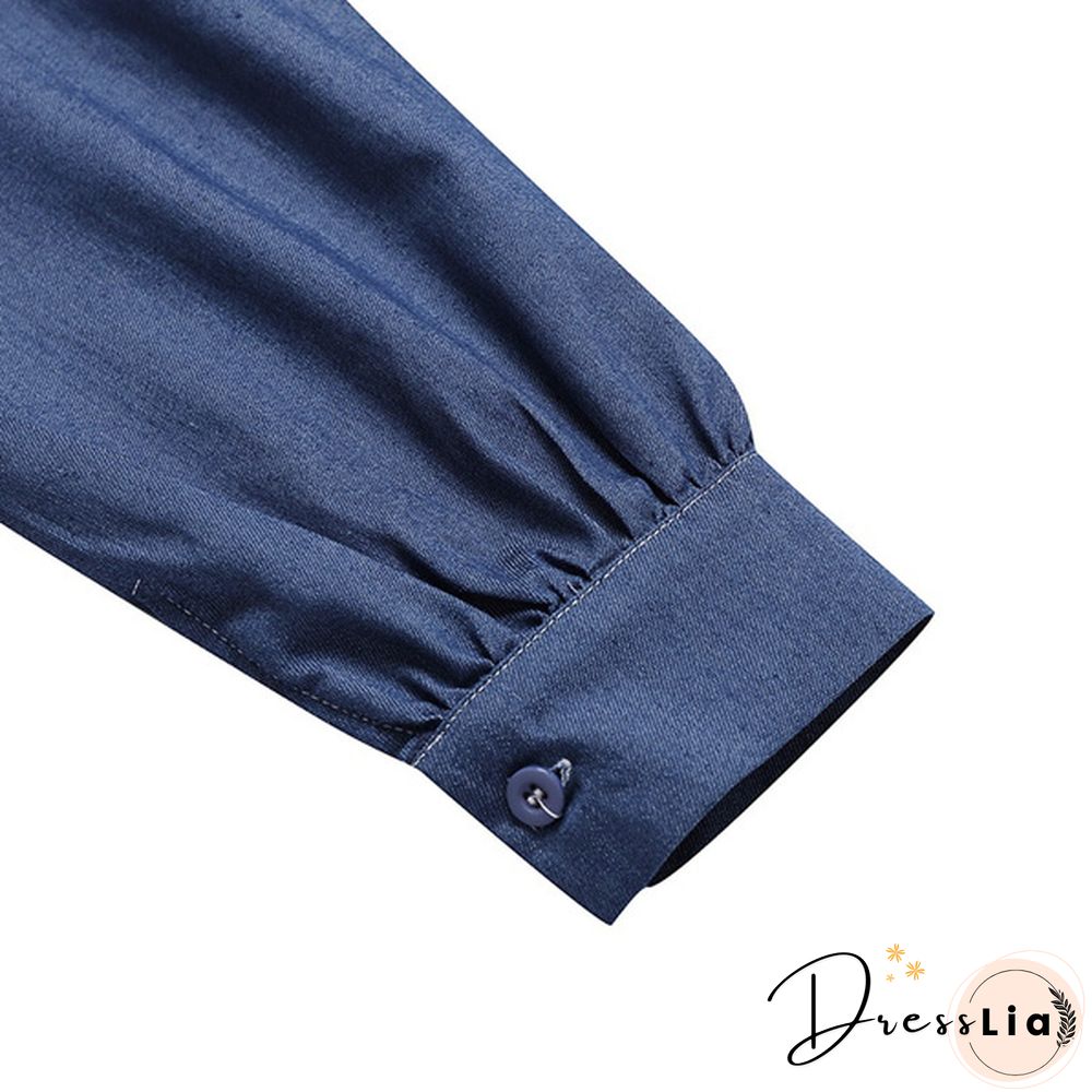 Women Long Sleeve Shirt Elegant Blouse Tunic Bow Tie Denim T-Shirts Plus Size