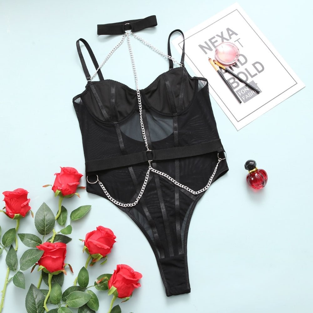 MIRABELLE Erotic Bodysuit Women Halter Chain Bodycon Sexy Porn See Through Lingerie High Leg Body Suit Lace Sissy Sensual Tights