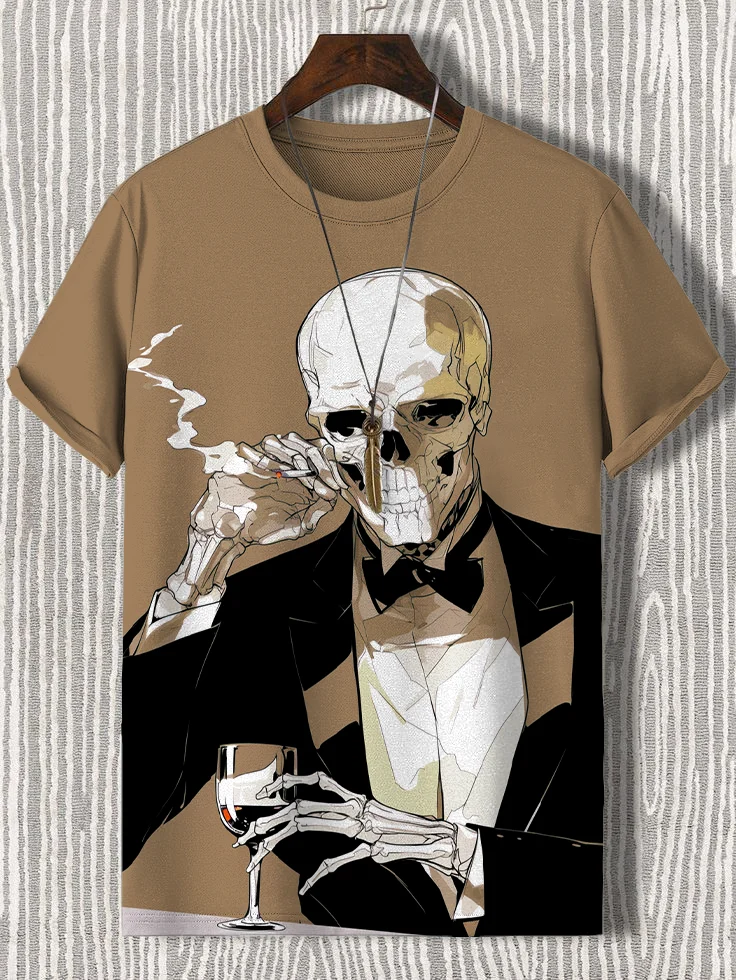 Men's Smoking Skull In Suit Art Print Casual T-Shirt