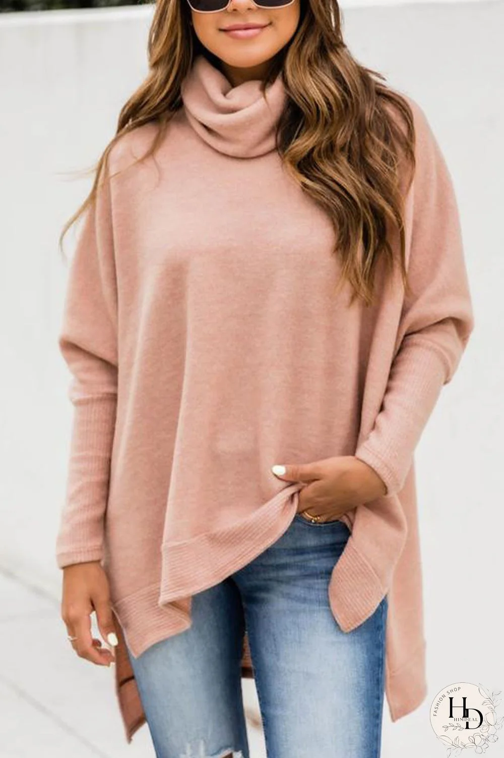 Pink British Style Solid Slit Turtleneck Tops