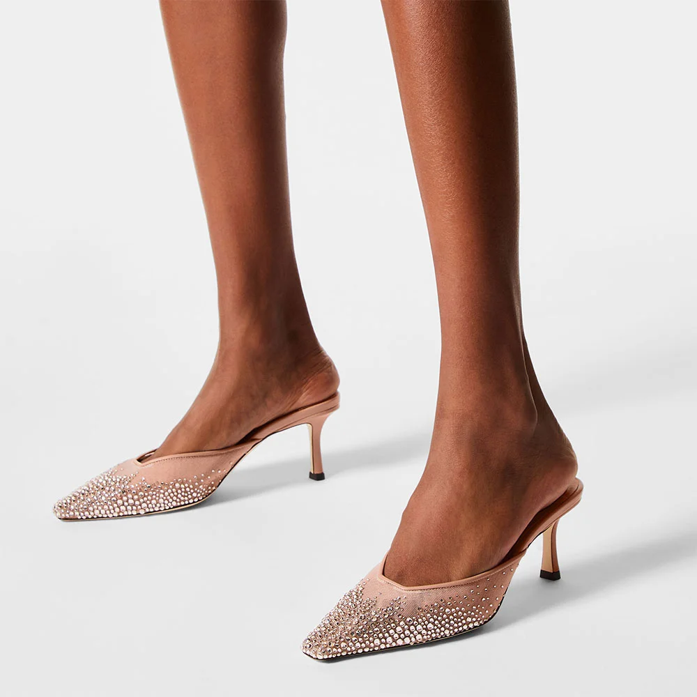 Closed Pointed Toe Stiletto Heel Rhinestone Women's Mules Shoes in Pink