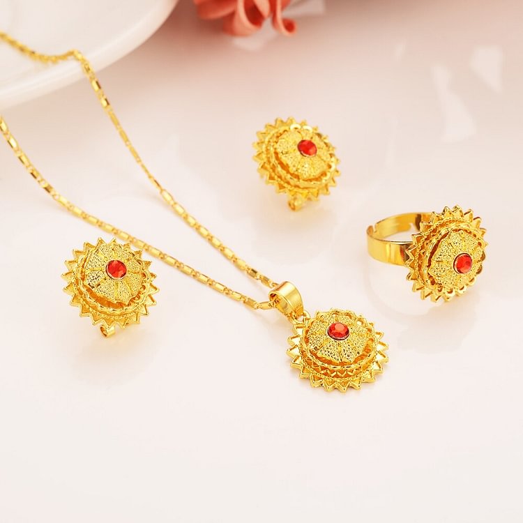 24k  New Ethiopian Gold red rainstone Jewelry sets