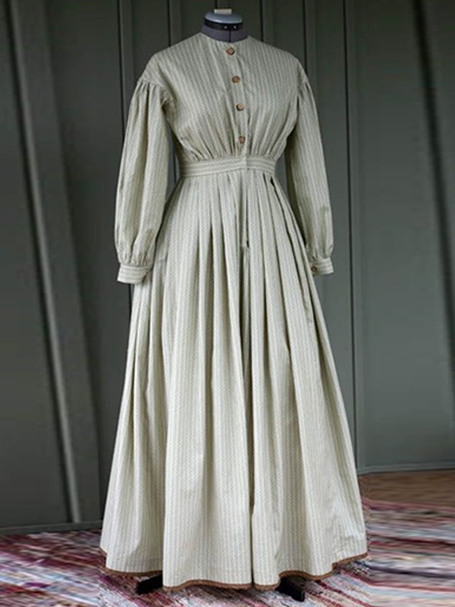 Cotton Linen Stripe Print Long Sleeve Dress
