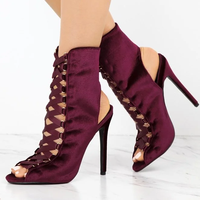 Burgundy Boots Peep Toe Stiletto Heel Slingback Lace Up Ankle Boots |FSJ Shoes