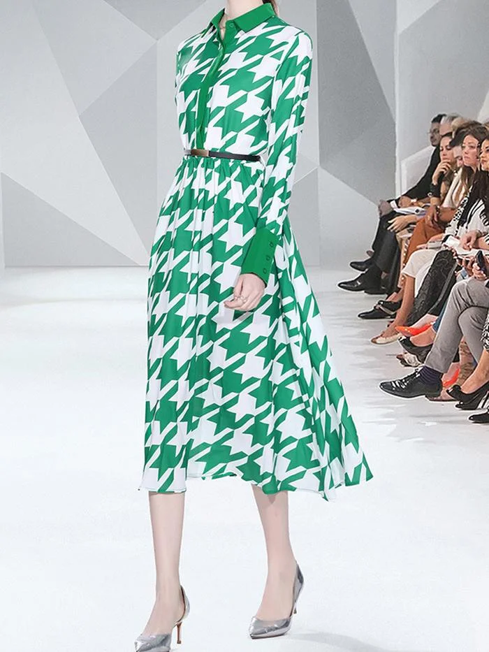 Fashion Lapel Long Sleeve Printed Dress