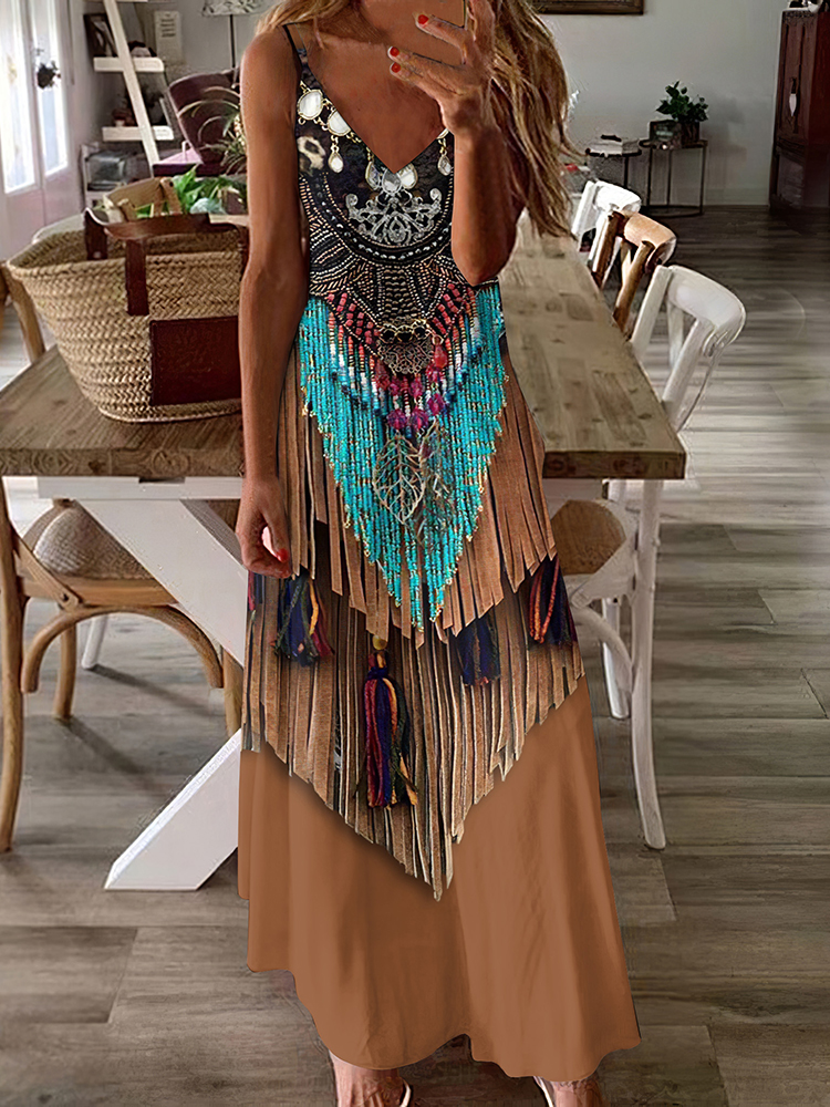 Comstylish Vintage Western Tassel Printed V-Neck Suspender Maxi Dress