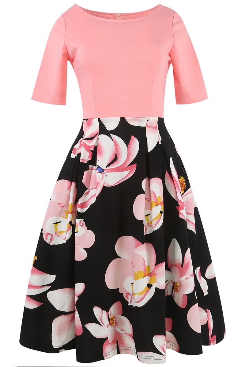 1950s Pink Casual Patchwork Floral Print High Waist Midi Dress