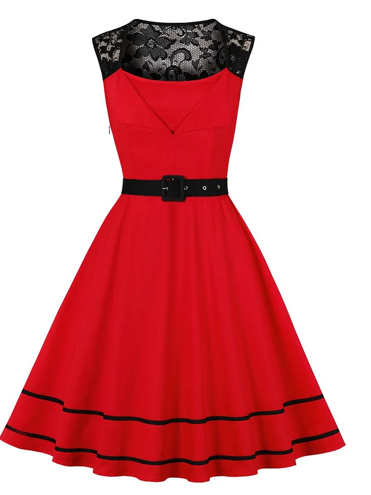 Mayoulove Women's Vintage Dresses Sleeveless Floral Lace Stripe Side Zipper Swing Dresses-Mayoulove