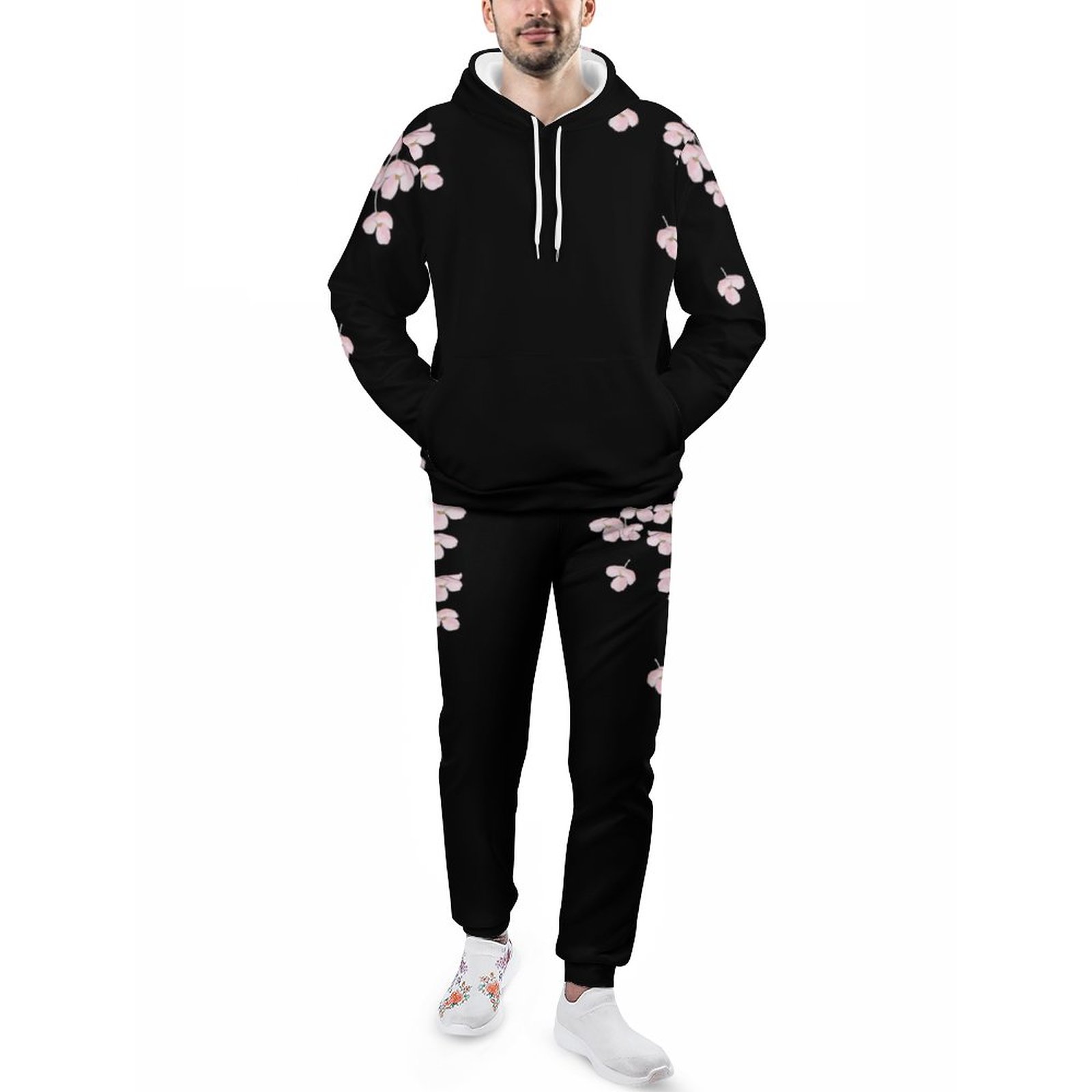 Cherry Blossom Floral Botanical Stylish Men's Sweatsuits Set Guys Casual Athletic Pullover And Sweatpants Suit Outfit