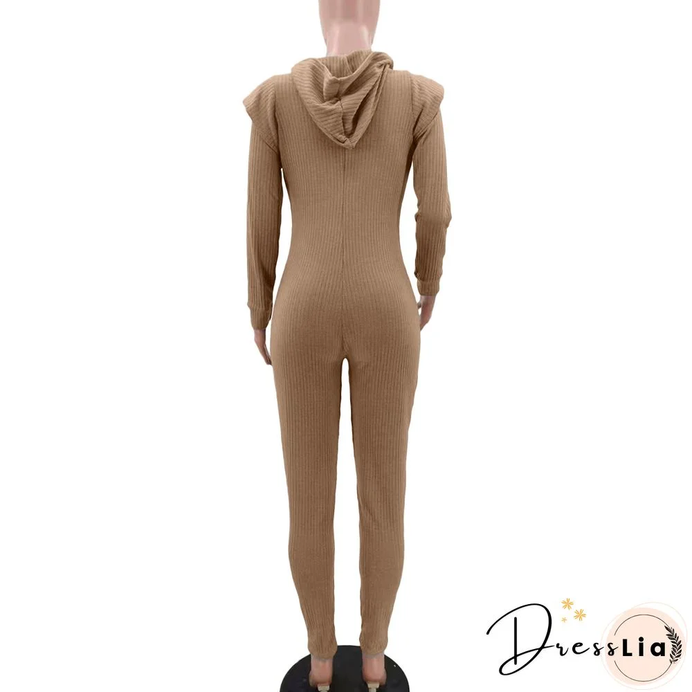 Knitted Long Sleeve Shoulder Padded Hooded Jumpsuit
