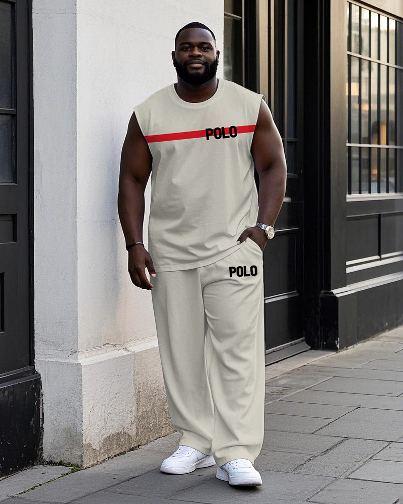 Men's Big and Tall Casual Red Stripe Simple Letter POLO Printed Sporty Vest and Pants Set