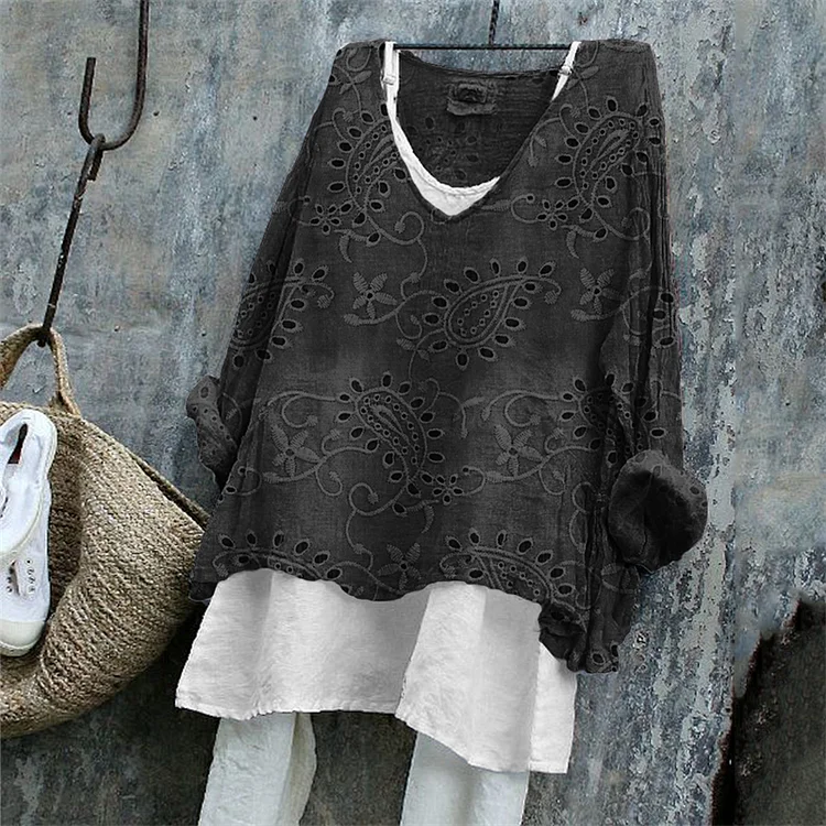 Vintage Western Paisley Floral Embroidered Lace Linen Blend Tunic