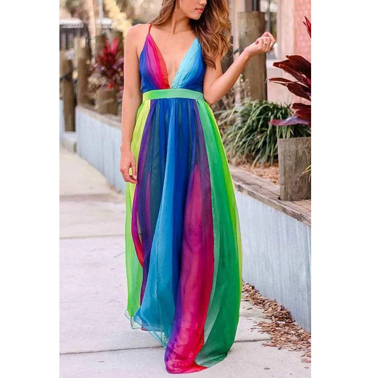 Uveng Uveng New Women's New Slings Sexy Deep V Rainbow Chiffon Suede Dress